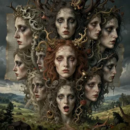 most beautiful thunderous lexicon of unspeakable horrors in the style of william blake, terese nielsen, detailed, intricate, steve argyle, most beautiful faces, cinematic, dramatic lighting, 8 k resolution, pastoral fantastic reality