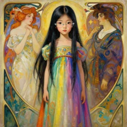 beautiful oriental woman about 2 3 years old, wearing a long gown, long black hair, rimless glasses, very thin octane render, vivid colors, artstation, painting by artgerm, face by wlop, by greg rutkowski, by jeremy mann, by alphonse mucha, by boris vallejo.