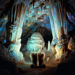 neon glowing holographic cave with stalagtites and stalagmites photorealistic 1 9 8 2 filmic with a pair of furry boots in the middle of the cave
