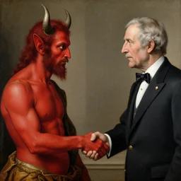 a renaissance painting of a red devil with horns giving a handshake to a us president, ultra detailed, realistic