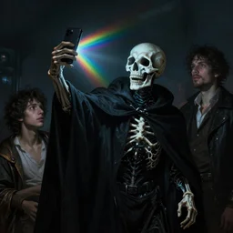 artistic scene of a Death taking a selfie a black cloak, a rainbow in the dark, colorful, by Michael Whelan, William Adolphe Bouguereau, and Donato Giancola, highly rendered, beautiful, cyberpunk, moody lighting, glowing light and shadow, atmospheric, shadowy, cinematic, 8K