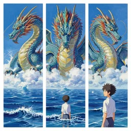 triptych of dragons above the ocean trending pixiv fanbox, acrylic palette knife, style of makoto shinkai takashi takeuchi yoshiyuki sadamoto greg rutkowski chiho aoshima