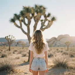 photograph of a beautiful!!! woman! from the back standing in joshua tree national park by mark owen. pastel colors. kodak portra 4 0 0 film!!. whirl bokeh!. mamiya 7. highly detailed. hq. photoreal. golden hour. lens flare. faded film. in - frame