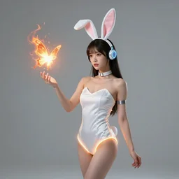 a girl like yoona, in a glowing skirt, wearing cybernetic bunny ears, casting fire spell in shape of a butterfly, background cyberpunk spaceship, full shot, photo, geometries, Fibonacci volumetric lighting, epic composition, intricate details, dark neon punk, by denis villeneuve and WLOP