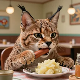 closeup face portrait of a tin toy cute fluffy caracal eating mashed potato with sausage in a russian suburban 1 9 9 0 s diner, by nicoletta ceccoli, mark ryden, lostfish, max fleischer, depth of field, detailed and intricate environment, 8 k resolution, hyperrealistic, octane render