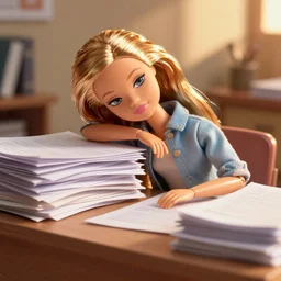 a barbie doll with an exhausted look on her face sits at a desk with large stacks of paper on it. her head is resting on her hand. she looks exhausted. stock photo, golden hour, photorealistic, render