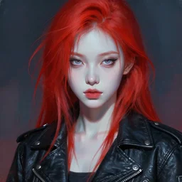 head and shoulders portrait of a young girl in a leather jacket, pale skin, red hair, vibrant color, cyberpunk, high detail, beautiful painting by artgerm and mucha and ruan jia and and craig mullins