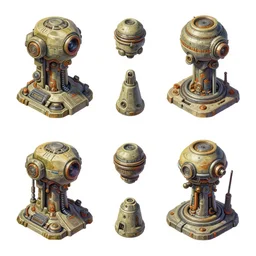 isometric sprite sheet of sci - fi in gouache detailed paintings rotated left rotated right props stylised