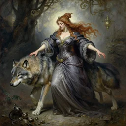 stunning female master wizard transforming into wolf, highly detailed painting by gaston bussiere, craig mullins, j. c. leyendecker, 8 k