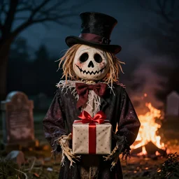 portrait photo still of a spooky scarecrow holding a birthday present, wearing a top hat, in front of an old cemetery on fire at night, 8 k, 8 5 mm f 1. 8