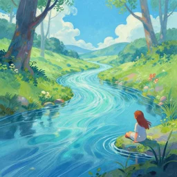 introspective meandering, trending on artstation, vibrant gouache fantasy illustration, (ExploringMemories:Adrift on a river of dreams which memory refuses to forgot, willow branches dance softly over stream in spring breeze) | art nouveau, pointillism, romanticism