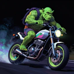 colorful blacklight airbrush artwork, motorcycle, stylized action shot of an orc biker riding a motorcycle, drifting, skidding, wheelie, clear focused details, soft airbrushed artwork, black background, cgsociety, artstation
