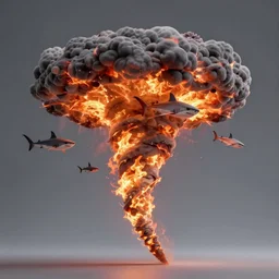 photo of a flaming tornado with flaming sharks in it, sharknado, low angle shot, 8 k, hdr, the birds, alfred hitchcock, cinematic, rule of thirds,