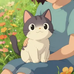 a wholesome key shot of a cute android cat on the lap of its owner, low shot angle, studio ghibli, pixar and disney animation, sharp, rendered in unreal engine 5, anime key art by greg rutkowski and nixeu, full bloom, vibrant lighting