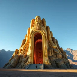 photo of a giant sculpture made of liquid gold in the cordillera de los andes, with beautiful great arches and detail, architecture carved for a titan