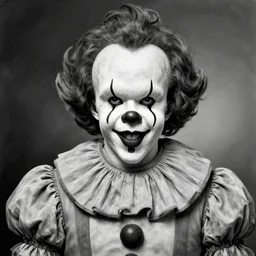 portrait of!!! [ bruce campbell!!! as pennywise, graphite, monochrome, high contrast, 2. 5 d, perfectionism, ray tracing global illumination, graph paper, insanely detailed and intricate, hypermaximalist, elegant, ornate, hyper realistic, super detailed