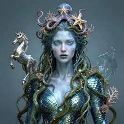 front view portrait of a beautiful nordic water goddess, fish scale skin, ice blue eyes, grey lips, entwined in seaweed and coral, an octopus and starfish crown, seahorse floating next to her, highly detailed, sci - fi, intricate, decadent, octane render, concept art, smooth, sharp focus, hyper - realistic