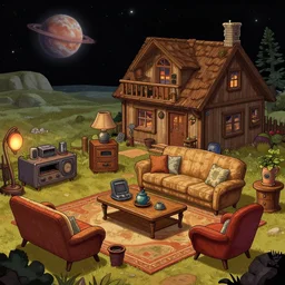 living room of a farm house, on a remote planet, with retro sci fi furniture, from a space themed point and click 2 d graphic adventure game, detailed, set design inspired by hg giger, art inspired by thomas kinkade