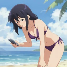 beautiful anime girl in a bikini bending over to grab her dropped cell phone