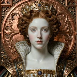 face centered portrait, artwork by james jean, hyperdetailed realistic smooth polished porcelain, beautiful young medieval queen, jean delville, art nouveau, gustav klimt, ornate copper patina gothic icon, james jean, ultrasharp hyperdetailed photorealistic octane render
