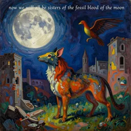 bright dramatic lighting colorful surrealist oil painting titled'now we will all be sisters of the fossil blood of the moon ', magical realism symbolist, ruined city landscape with hybrid animal protagonist, painted by franz marc and paul klee, shocking detail trending on artstation 8 k