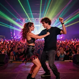 portrait of two friends dancing at a concert with a huge croud and lasers, hyper detailed, octane render, vivid colors, artstation, by jeremy mann