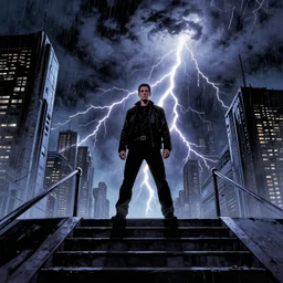 judge dredd standing at top of staircase in futuristic city during thunderstorm lightning flashing in style of brian bolland - w 1 0 2 4 - h 1 0 2 4