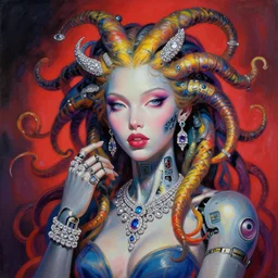 a beautiful painting lovely seductive cyberpunk medusa robot, jewelry, diamond jewelry. by ukiyo - e award - winning art, andy warhol color, dramatic light, octane render