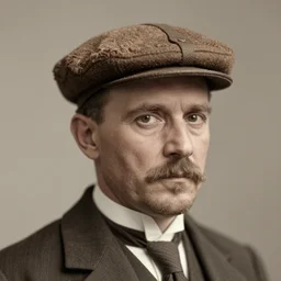 A photograph portrait of Jerma985 wearing a pork pie hat in the early 1920s, taken in the early 1920s, grainy, taken on a early 1900s Kodak Camera, realistic, hyperrealistic, very realistic, highly detailed, very detailed, extremely detailed, detailed, digital art, trending on artstation