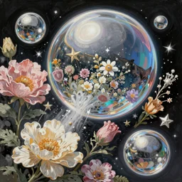 An epic fantastic realism comic book style painting of the most beautiful flowers launched into space, perfect shiny silver iridescent spheres, bouquets, floral stars, fisheye lens, unreal 5, DAZ, hyperrealistic, octane render, dynamic lighting