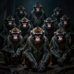a cult of monkeys staring at the camera with dead soulless expressionless eyes, full bodies, hunched over, horrifying atmosphere, dark room, dramatic lighting, dark scary lighting, konglomerate
