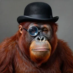 portrait painting of an anthropomorphized orangutan, wearing a monocle and a small bowler hat, oversized mustache. dark outlining style. highly detailed. trending on artstation. slightly surreal, hyper realistic. style of chuck u