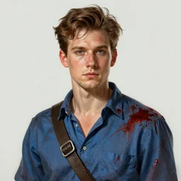 Bruce Campbell in a blue bloody shirt with a shoulder strap, innocent, intricate, elegant, highly detailed, digital painting, artstation, concept art, smooth, sharp focus, illustration, art by artgerm and greg rutkowski and alphonse mucha