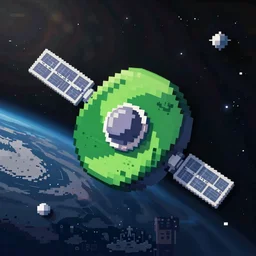 chrome satellite floating through space, pixelart style
