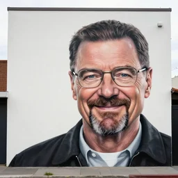 street mural of a smiling walter white, high realism, photograph