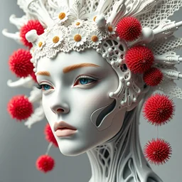 complex 3 d render hyper detailed ultra sharp beautiful futuristic close - up stunning biomechanical humanoid woman with carved porcelain ivory fair face, daisies corals, iris van herpen filigree lace haute couture headdress with rhizomorph finials spires, white mecha, cyberpunk steel brackets, fractal red puffballs