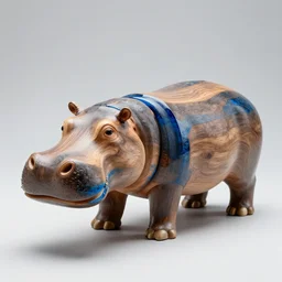 a photo of a model hippo partially made of repurposed elm wood!!! partially made of composite mixed with blue epoxy resin!! in straight lines, dramatic lighting, epoxy resin, studio zeiss 1 5 0 mm f 2. 8 hasselblad, award - winning photo, full subject shown in photo, wood