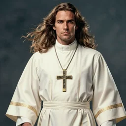long-nippled action movie hero wearing dressed in priest's robes with a cross necklace. movie poster. 4k. Long flowing hair.