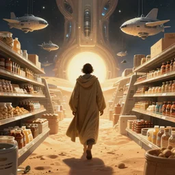 centered portrait of illustration, detailed, a person with a cloak walking through the desert supermarket, volumetric, sci fi, space ships in the enviroment, fantasy scheme | coherence | art by jean giraud and moebius