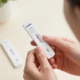 a woman using an at - home covid - 1 9 antigen test