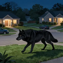 a giant black wolf stalking through a nice suburban neighborhood, with nice cars in and frontyards, at midnight, by greg rutkowski