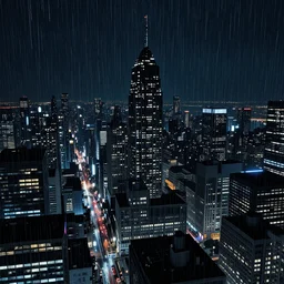 cityscape, blade runner, night sky, rain, high altitude, syd mead style