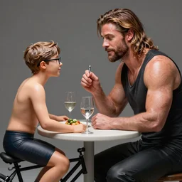 a small man wearing glasses & cycling shorts having dinner with chris hemsworth, elegant, real life skin, intricate, high detailed, artstation, concept art, smooth, sharp focus, art by artgerm and greg rutkowski