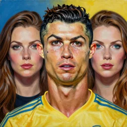 a beautiful ultra realistic fine art painting of Cristiano Ronaldo wearing warpaint, by Greg Rutkowski and Jenny Saville, studio portrait, vibrant colors, 4K