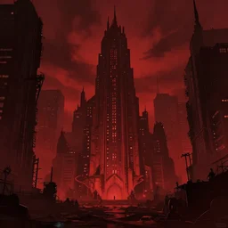 big evil city, dark fantasy, shadows, artstation trending, octane render, red