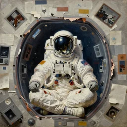 lonely astronaut meditating in his spaceship, intricate, detailed, torn paper decollage, oil on canvas by edward hopper, ( by mattias adolfsson ), by moebius