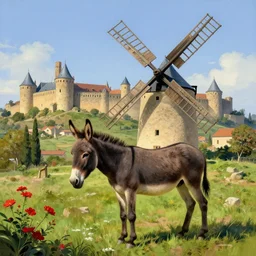 very long shot of a windmill, wild beautiful donkey, spots of red flowers nearby, medieval french landscape, Carcassonne, city of carcassonne in the background, by Stanley Artgerm Lau, WLOP, Rossdraws, frank frazetta, Andrei Riabovitchev, Marc Simonetti, tranding on artstation