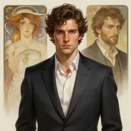 handsome man, plain suit, gaunt, curly brown hair ， highly detailed, digital painting, artstation, concept art, smooth, sharp focus, illustration, art by krenz cushart and artem demura and alphonse mucha and tony sandoval