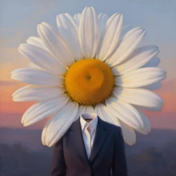 giant daisy flower head, frontal, woman in a suit, surreal photography, sunrise, dramatic light, impressionist painting, digital painting, artstation, simon stalenhag
