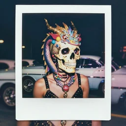 super awesome head to shoulder portrait colored polaroid film photograph of vaporwave skull dragon, miami vice, super classy. stylish. super resolution. extremely detailed. polaroid 6 0 0 film. by annie leibovitz and richard avedon
